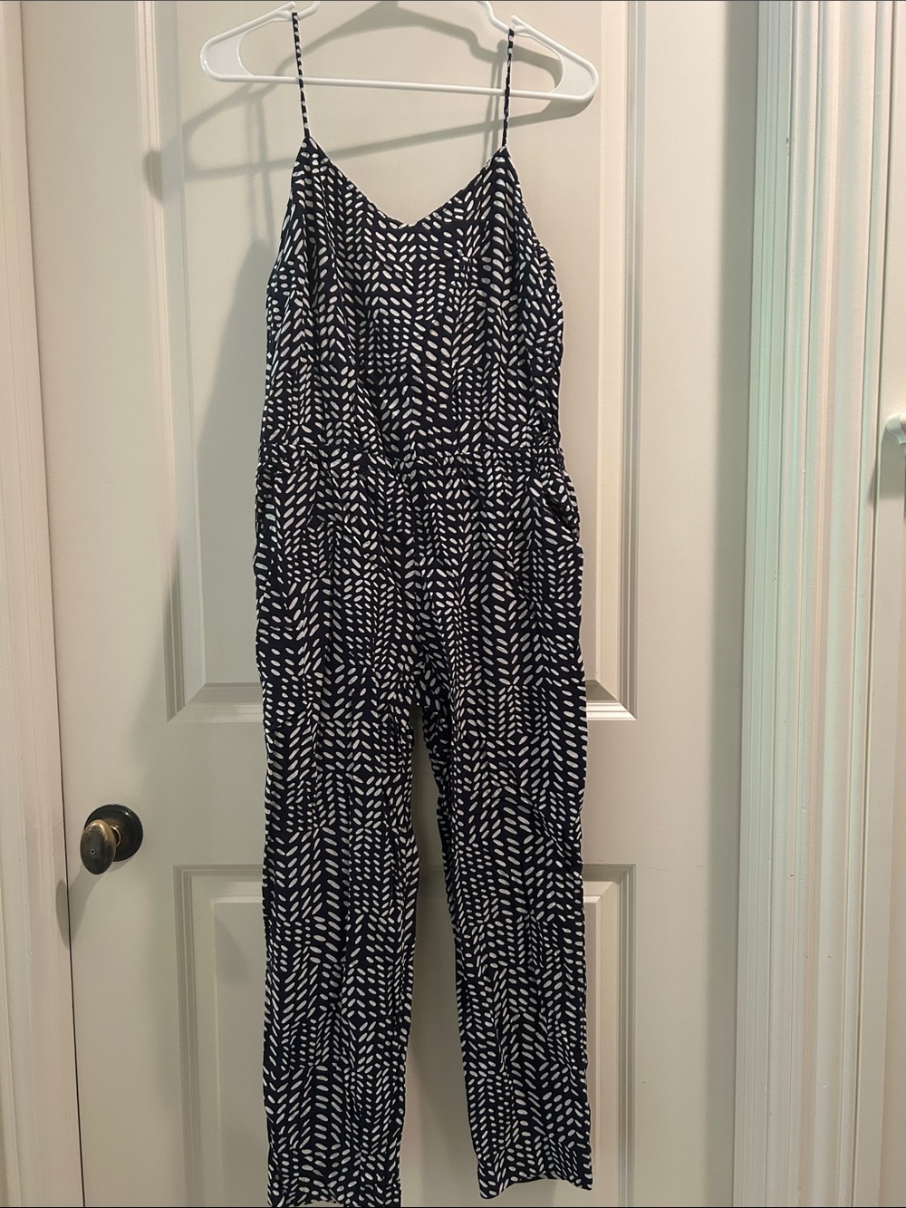 LOFT Blue White Print Rayon Jumpsuit adjustable Spaghetti Strap pockets size S